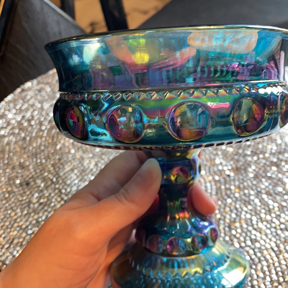 Large Blue Iridescent Carnival Compote Glass - Picture 5 of 6